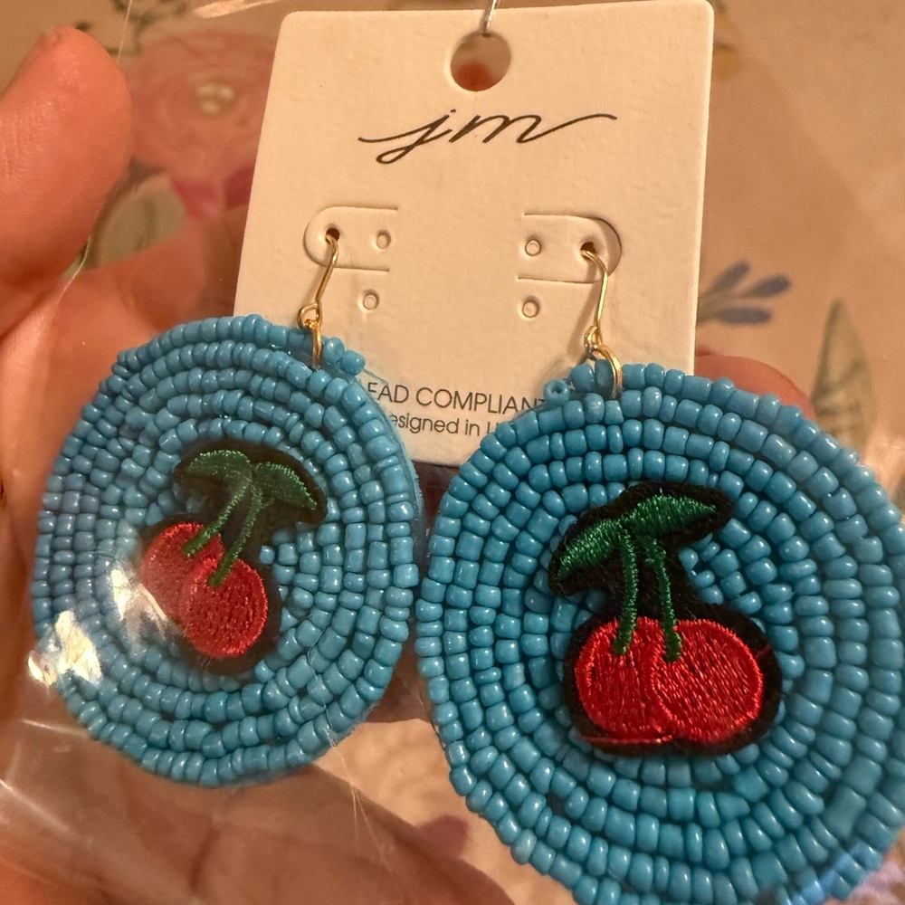 Blue Beaded Cherry Earrings - Picture 2 of 6